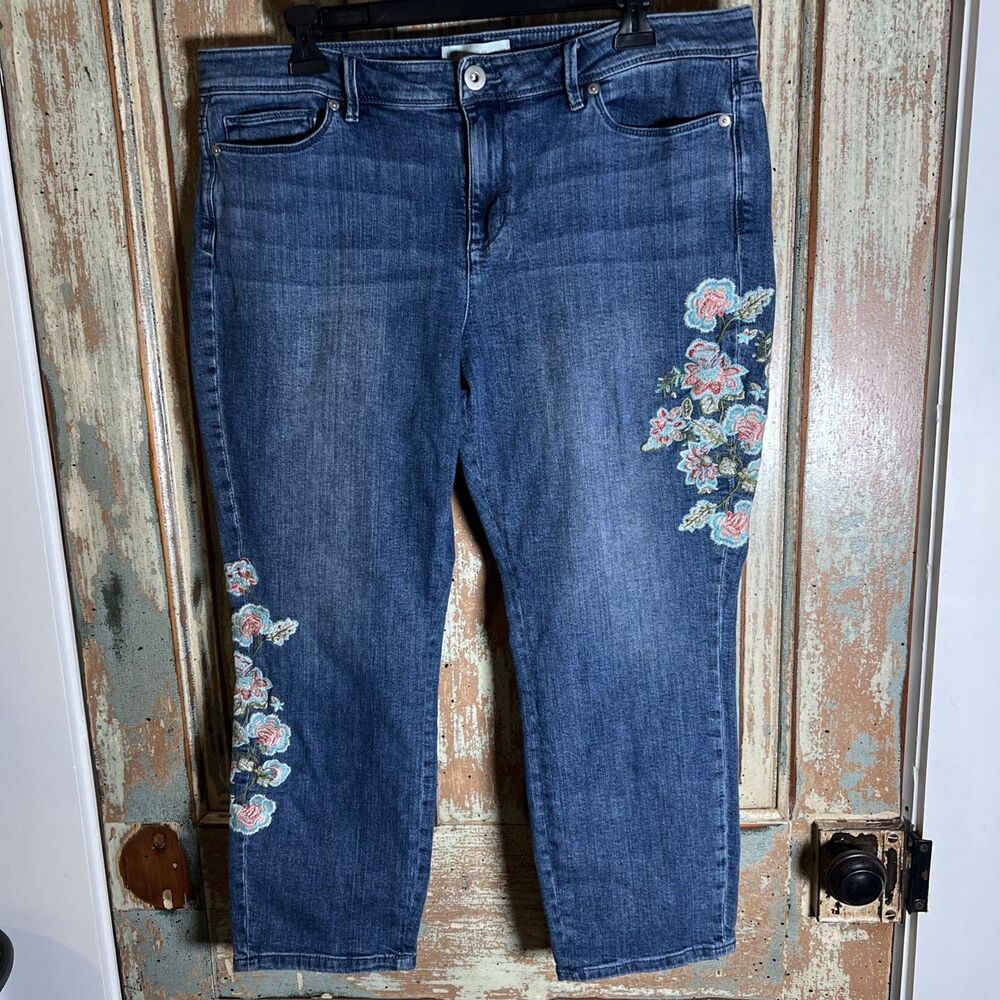 J. Jill Womens Denim Cropped Jeans Size 14 Blue Embroidered Flowers